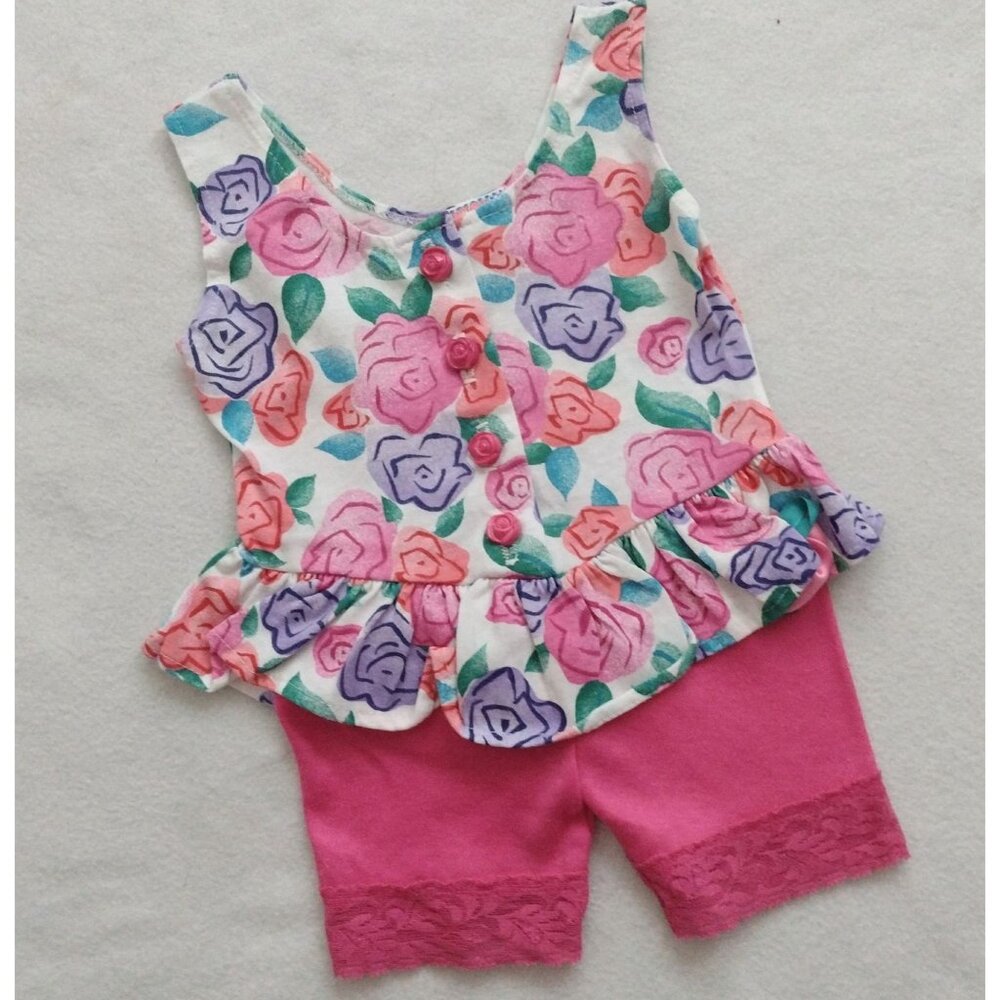 Lightning Bug Vtg 90s Floral One Piece 2T Lace Shorts Floral Top w Peplum